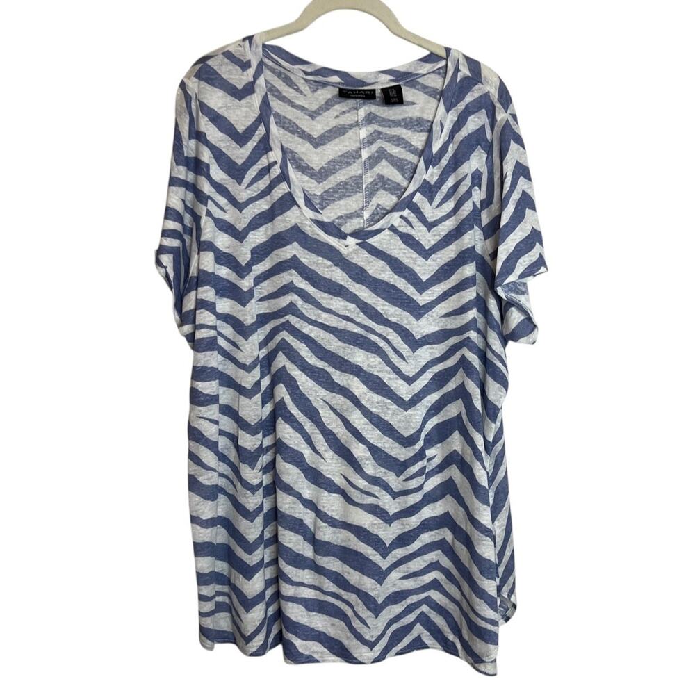 Tahari Womens Top 1X Blue Gray Zebra Stripe Print Linen Scoop Neck Short Sleeve